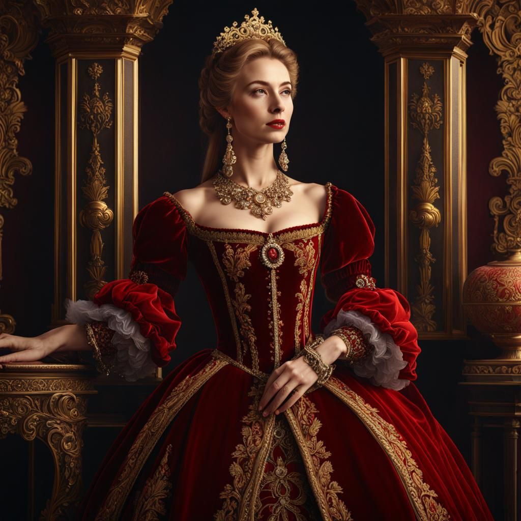 Baroque Portrait of a Russian Princess in Red Velvet