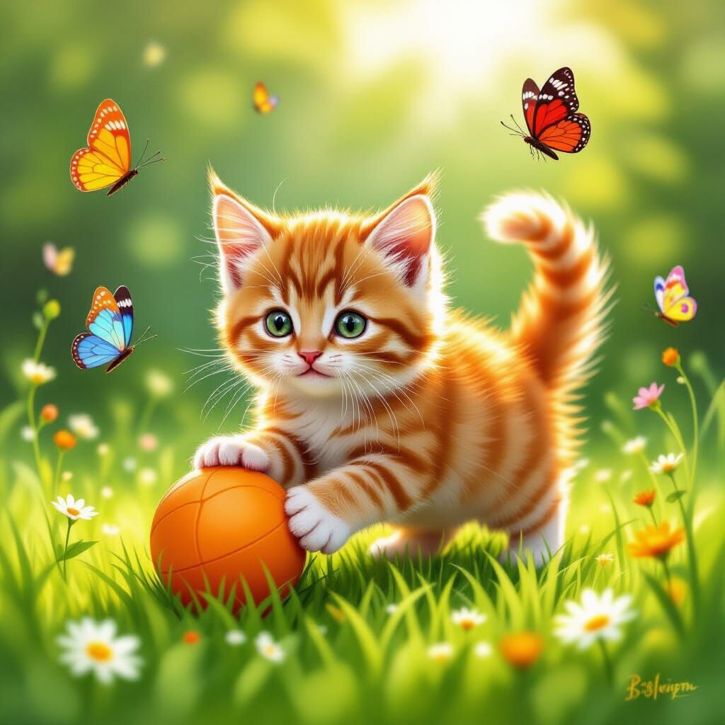 Playful Ginger Kitten and Butterflies on Lawn