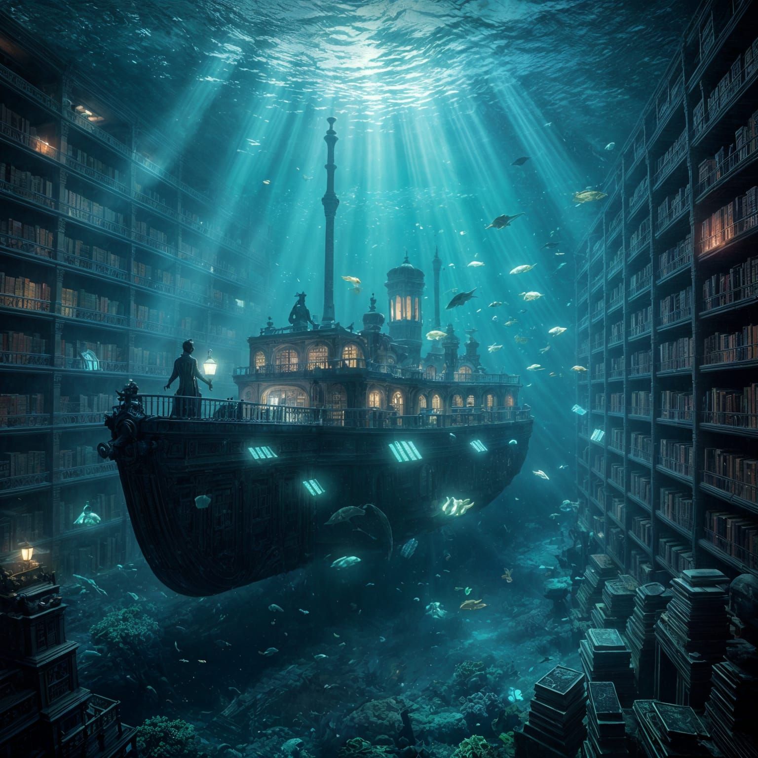 Ethereal Underwater Library with Ghostly Submarine