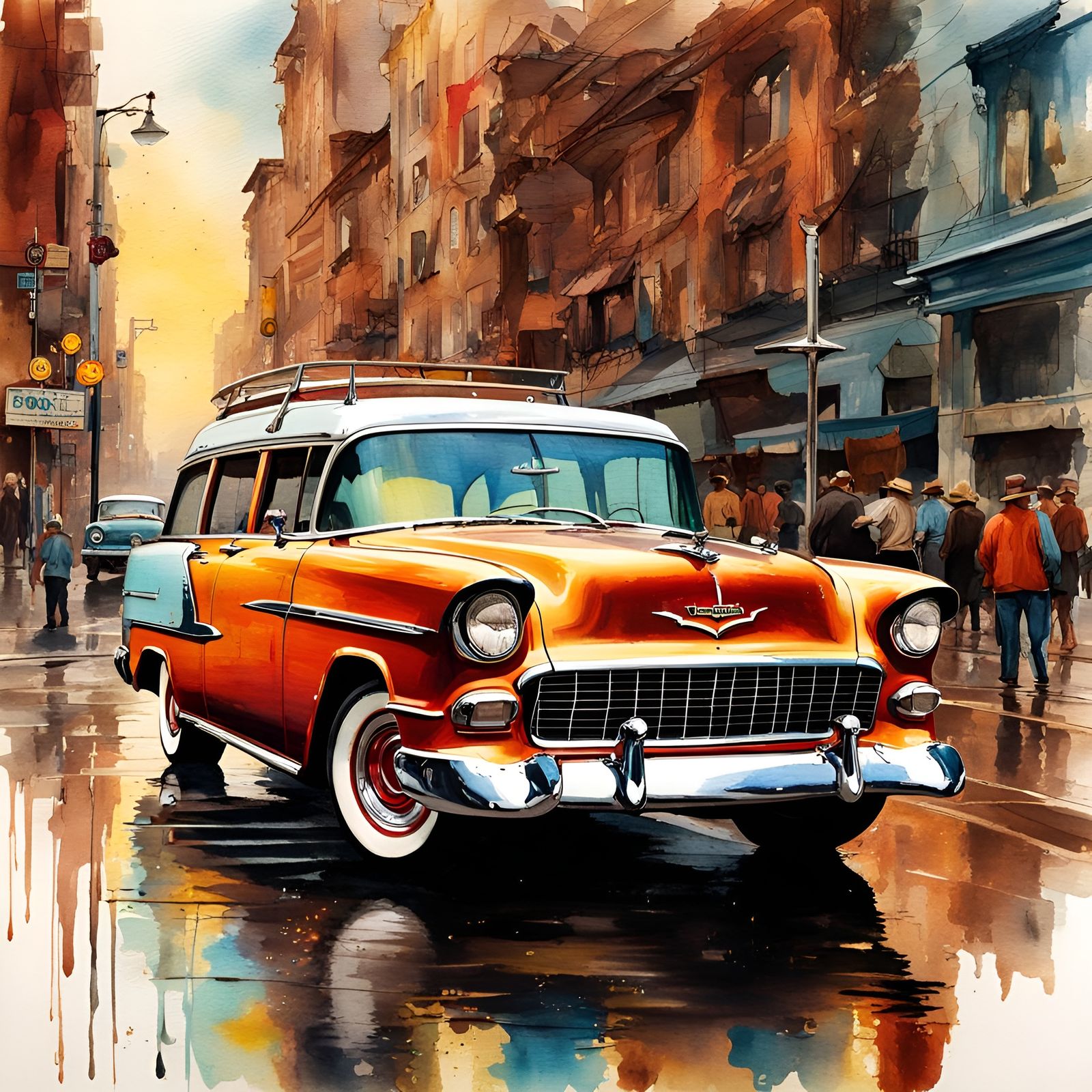 1955 Chevy Station Wagon: Watercolor and Ink Cityscape