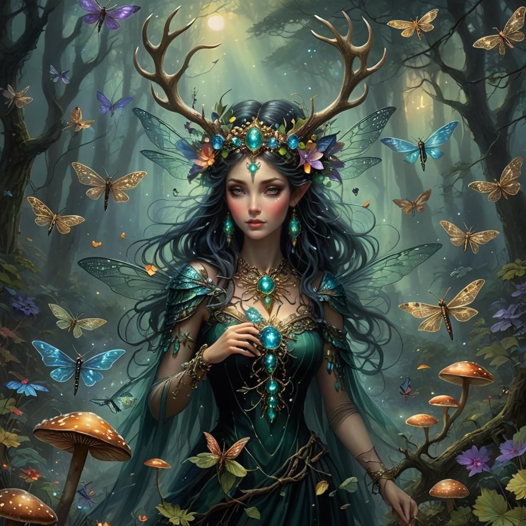 Antlered Goddess in Dark Forest with Glowing Mushrooms