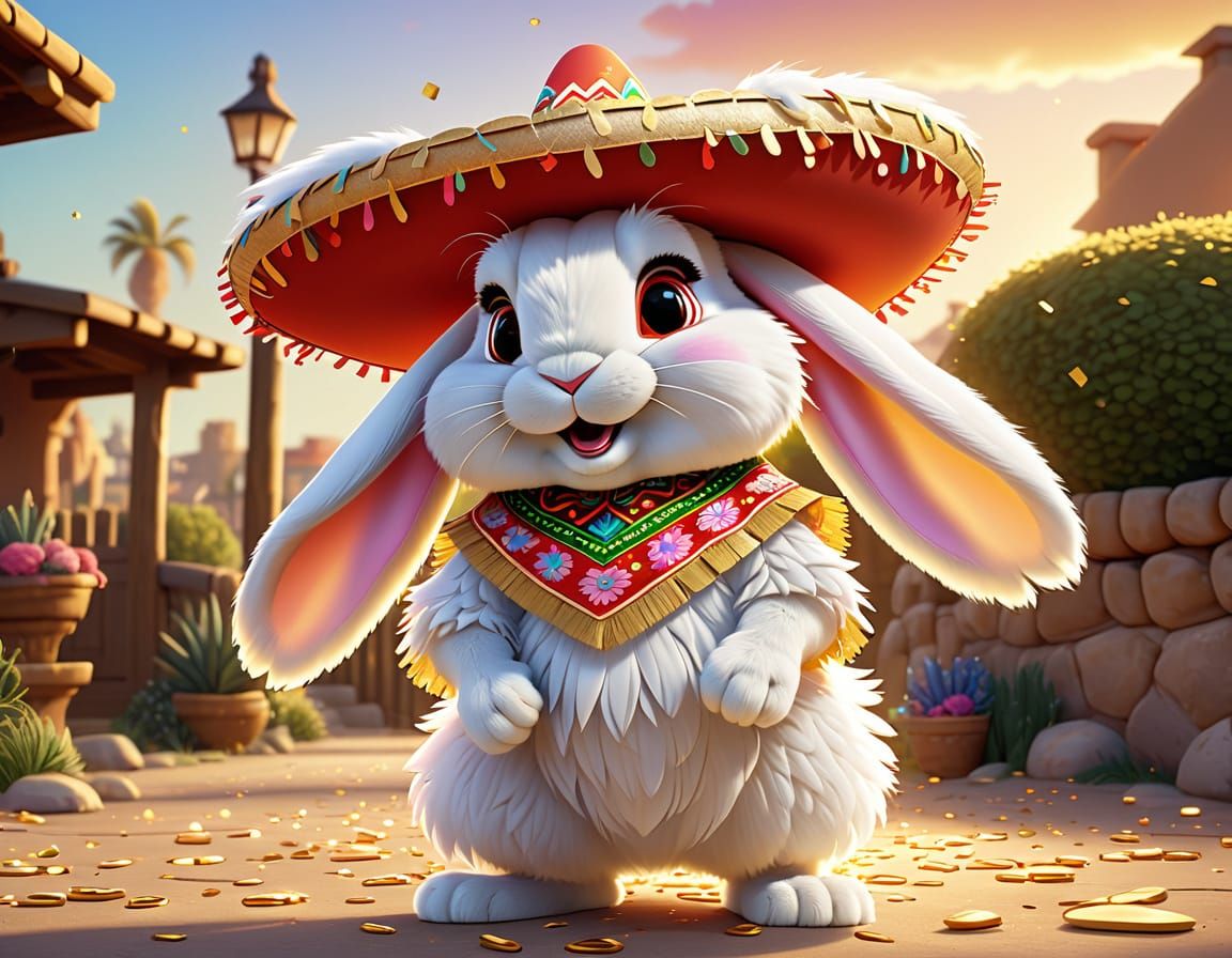 Anthropomorphic Rabbit with Sombrero in Pixar Cartoon Style