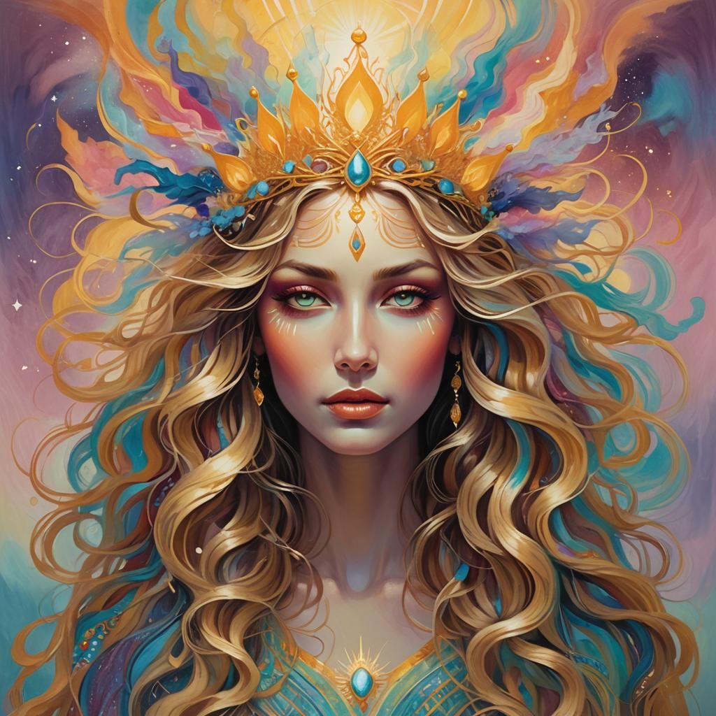celestial sun goddess. digital art. flat 2d animation charac...