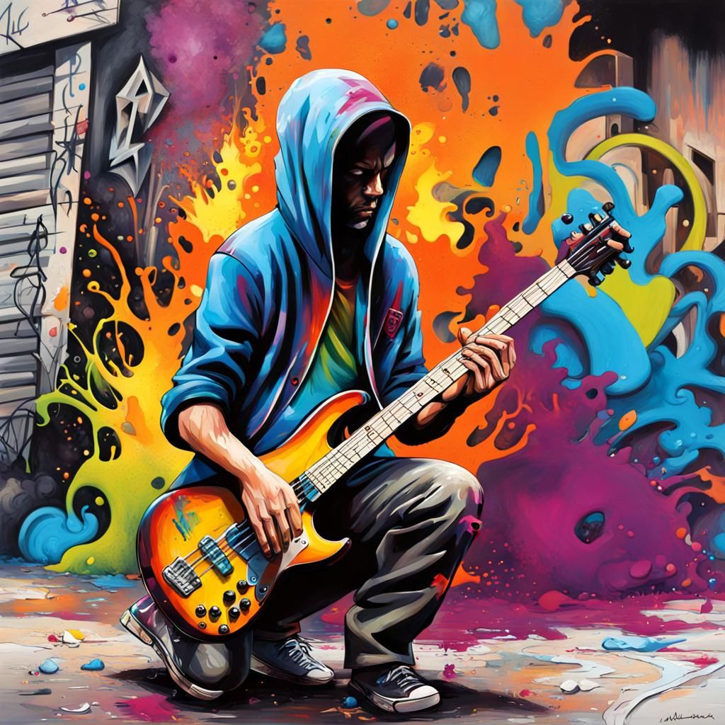 Guitarist in Riot, Graffiti Street Art Style
