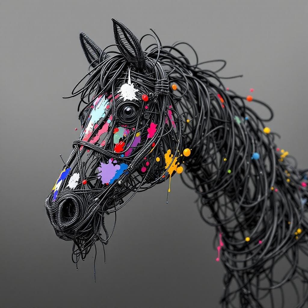 Wire Horse Sculpture with Paint Splashes in Pop Art Style