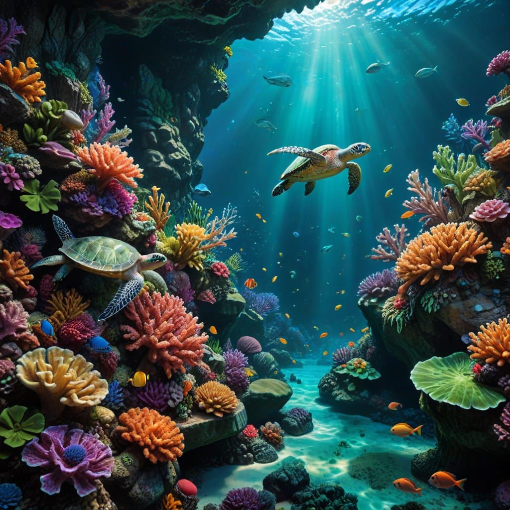 Underwater Coral Reef with Waterfall and Sea Turtle