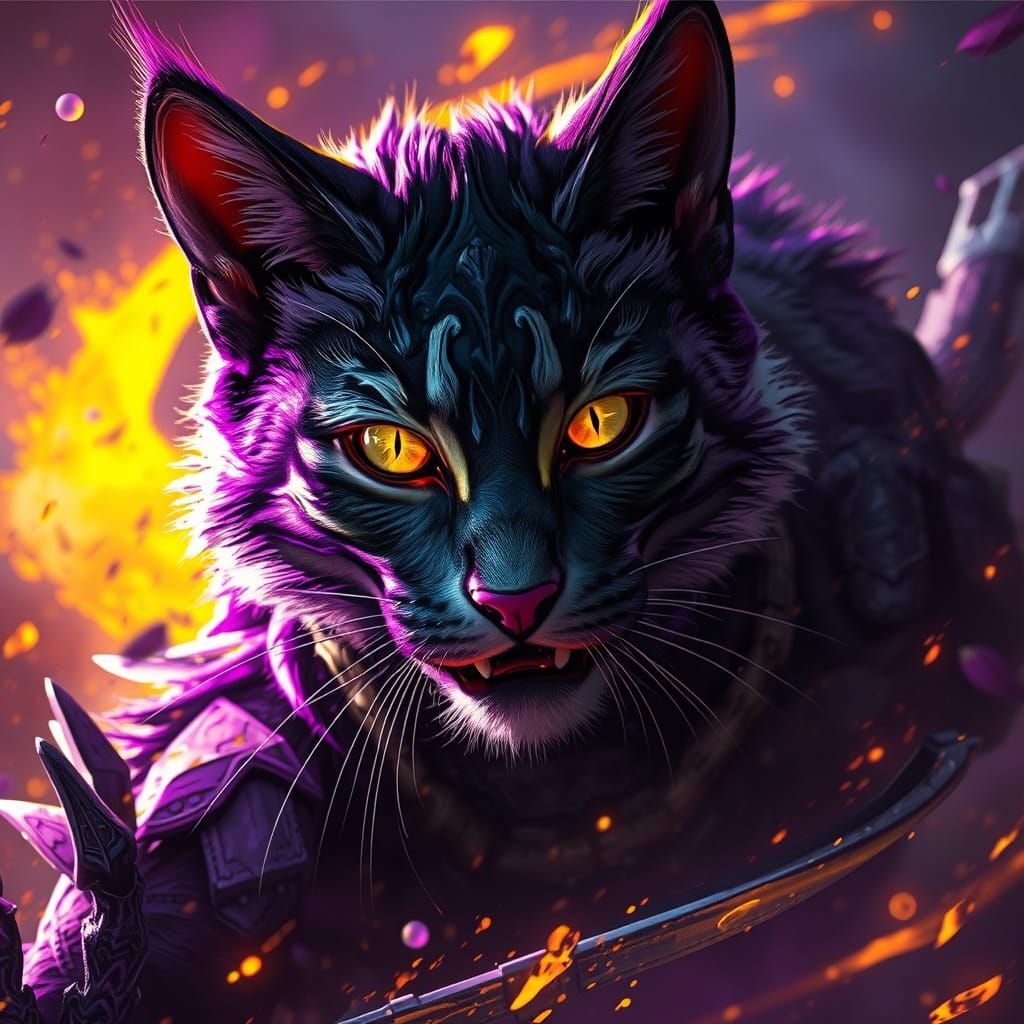 Cyberpunk Warrior Cat Concept Art in Dark Fantasy Style