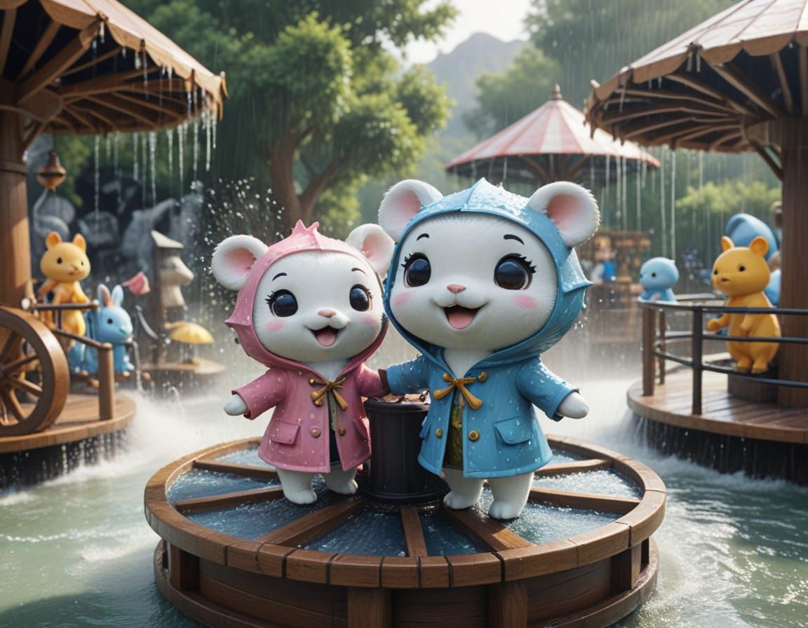 cute chibi animals on a Waterwheel ride at a theme park, wat...