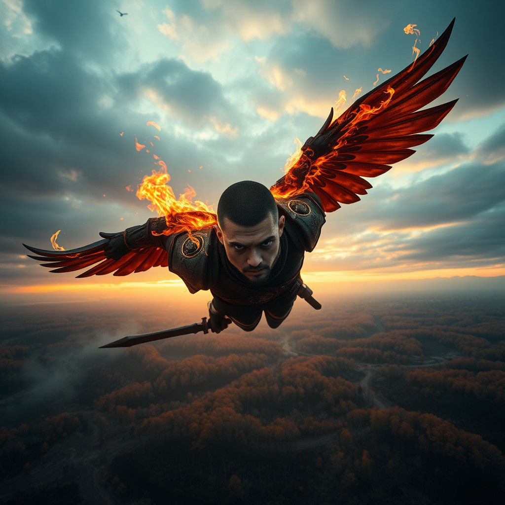 Fiery Broken-Winged Knight Over Autumnal Wasteland