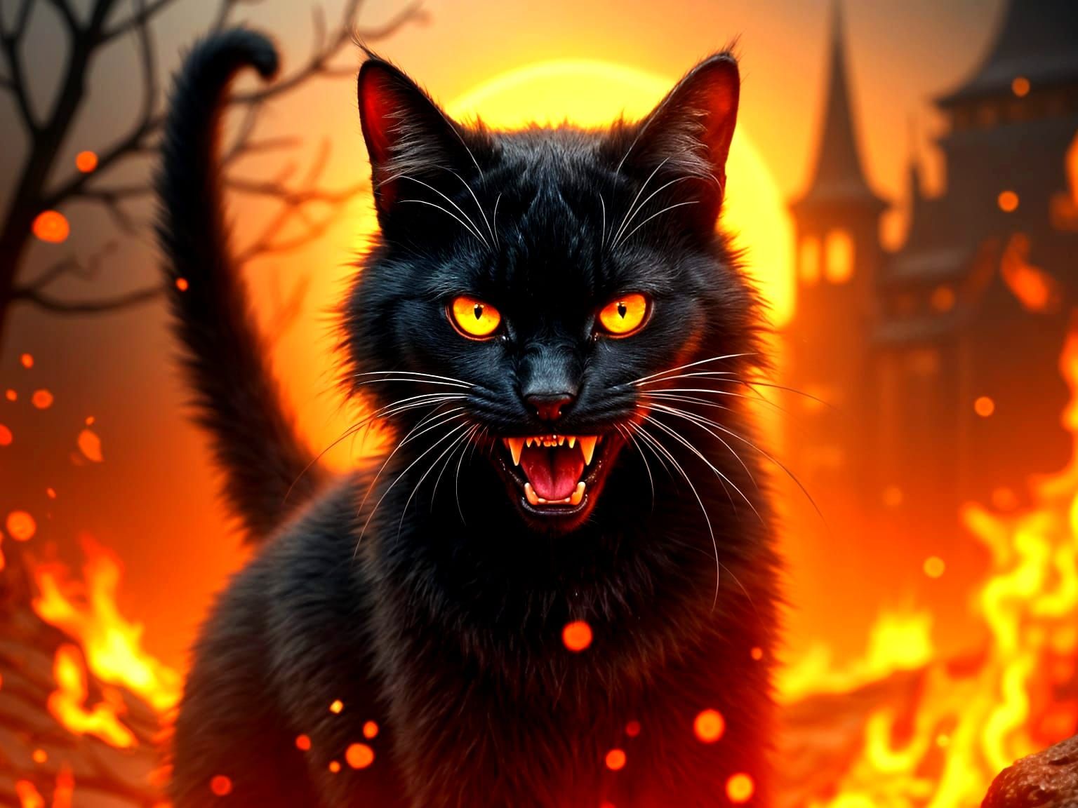 Fiery Feline: A Hyperrealistic Black Cat Illustration