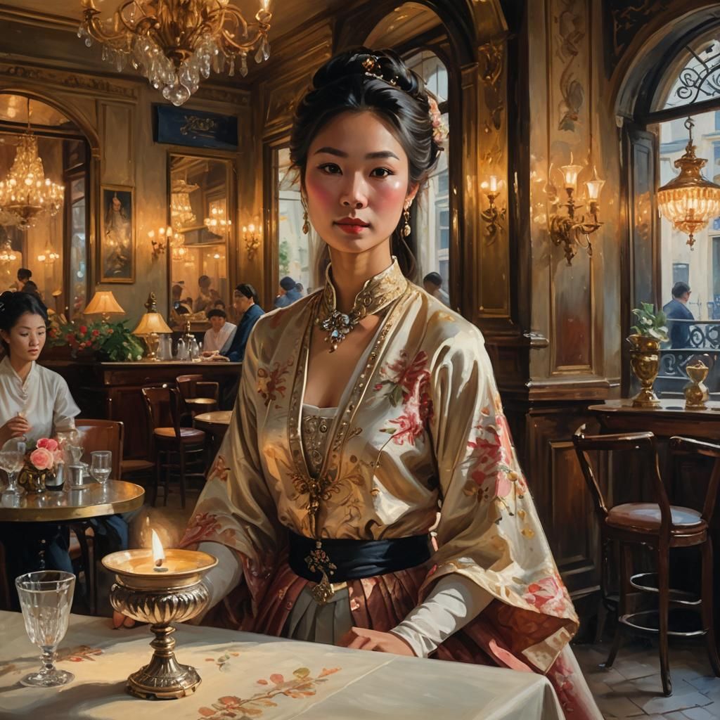 Asian Woman in Parisian Cafe, Rococo Oil Painting