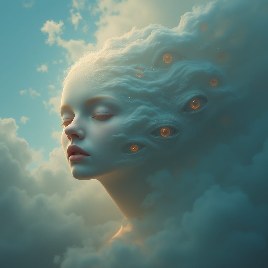 Surreal Dreamscapes with Faces Blending into Ethereal Skies