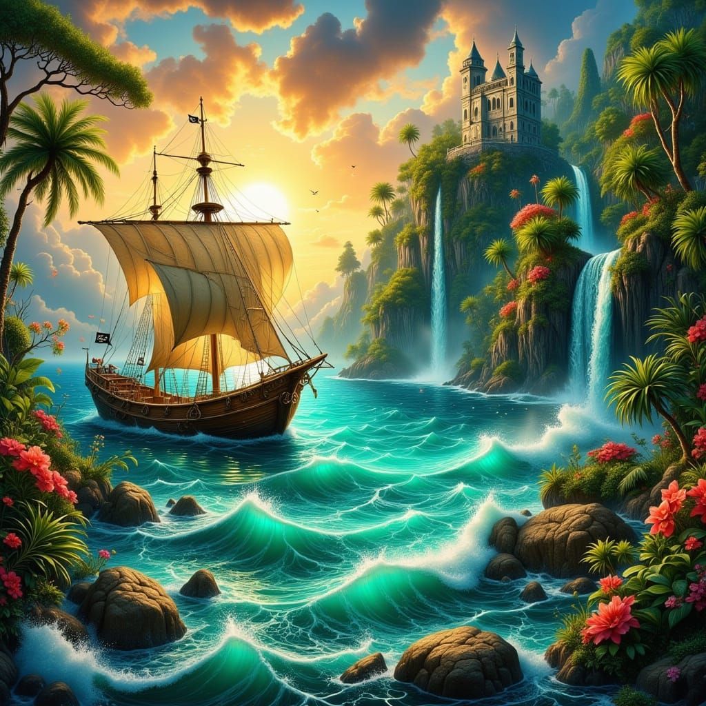 Pirate Ship Navigates Enchanted Mediterranean Cove