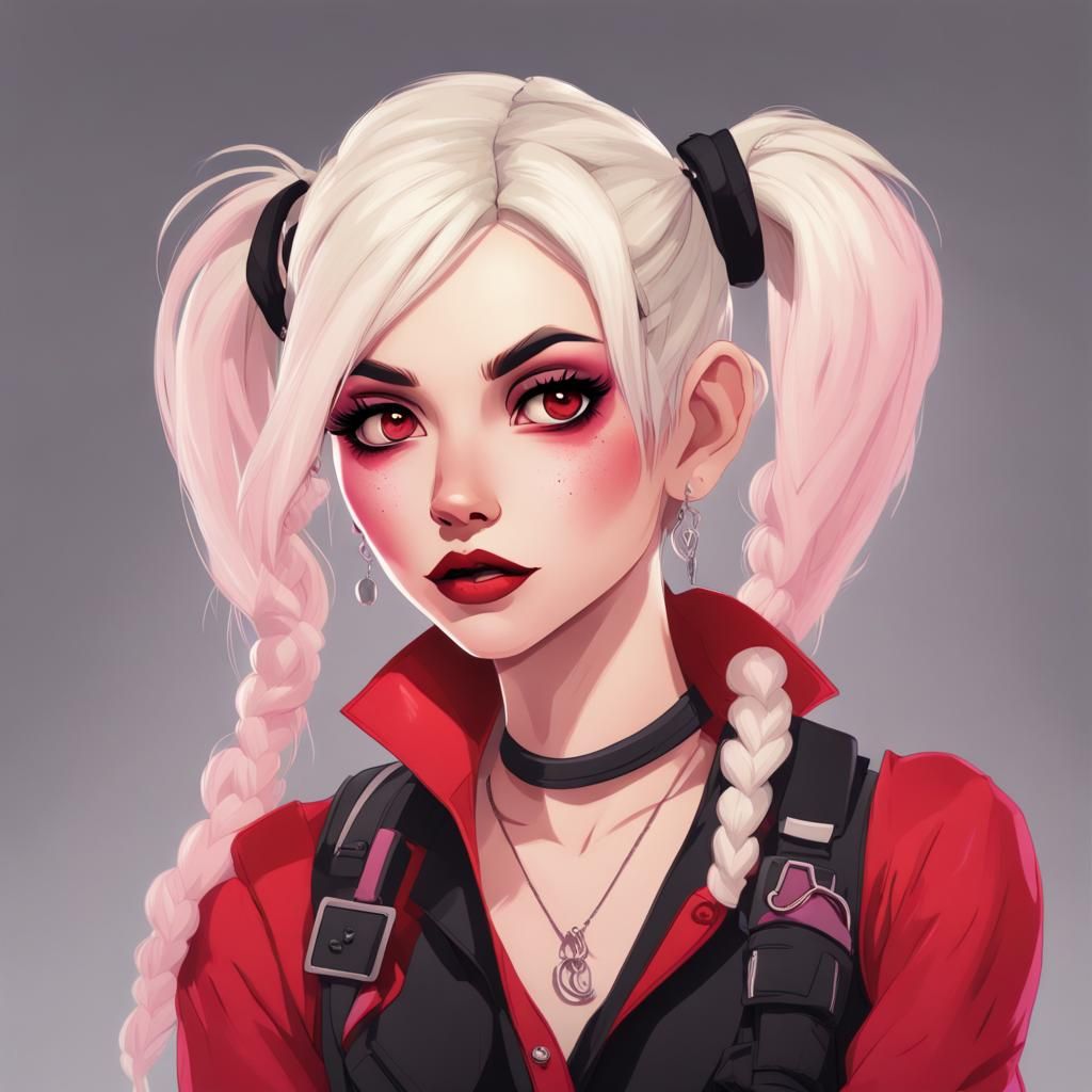 Stylized Woman with Pigtails in Urban Scene