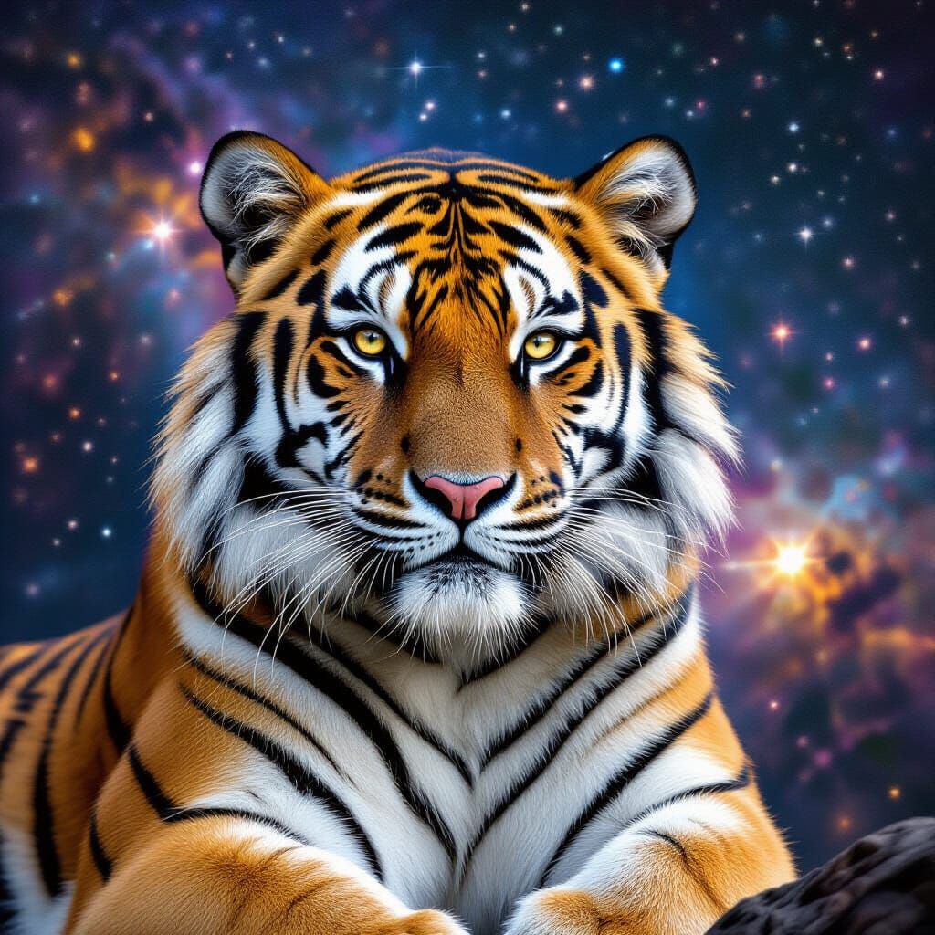 Celestial Tiger with Hunter: A Cosmic Vision