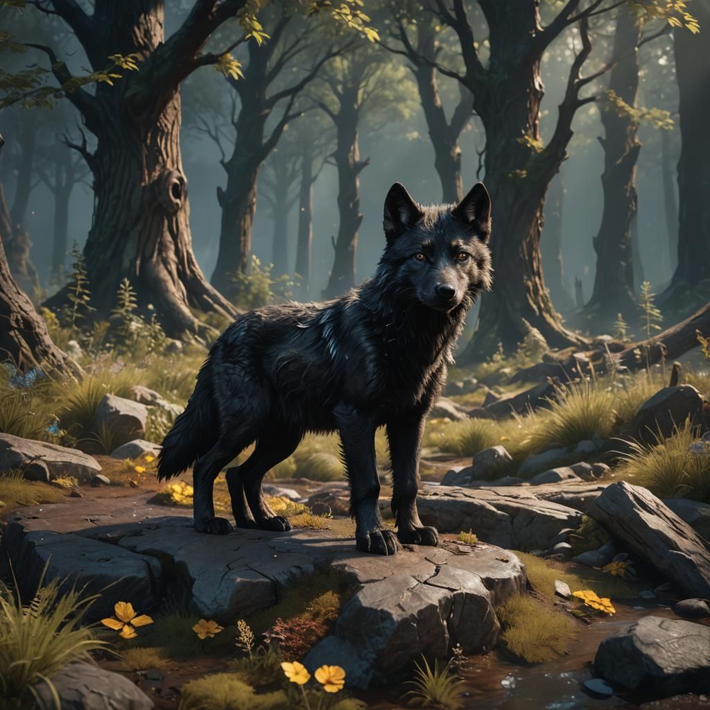 Fantastical Black Wolf Pup in Detailed Matte Painting