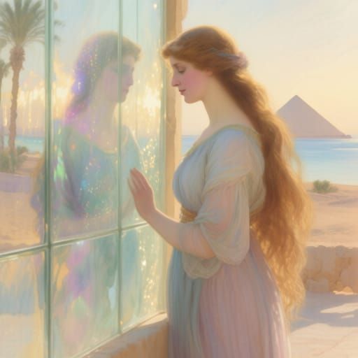 Elegant Woman Near Magic Glass Wall in Pastel Watercolor