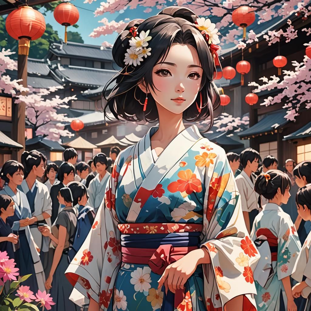 Woman in Kimono at Japanese Summer Festival