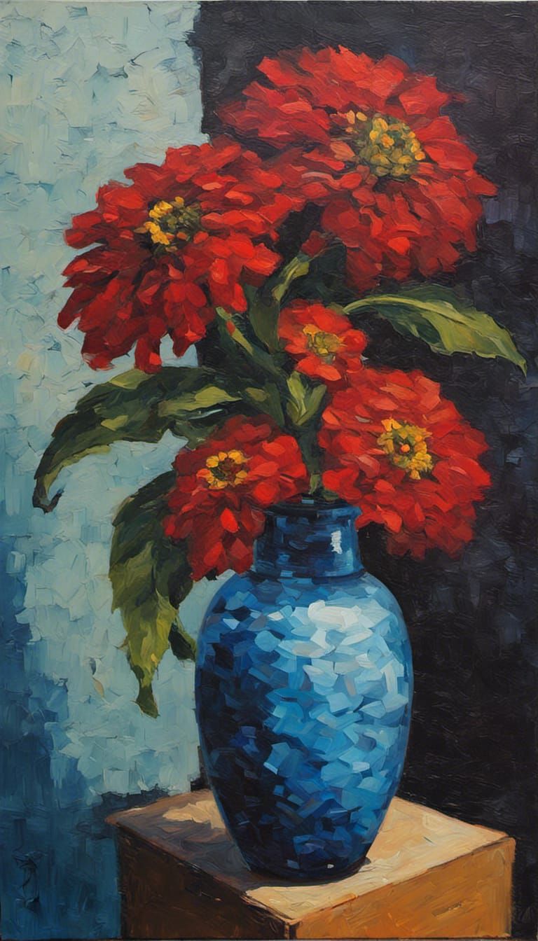 Thick Oil on Canvas :: Red Mulberry Zinnia :: Bud Vase Half Filled with Water :: Vibrant Dark Black Blue Mulberry Bloc...