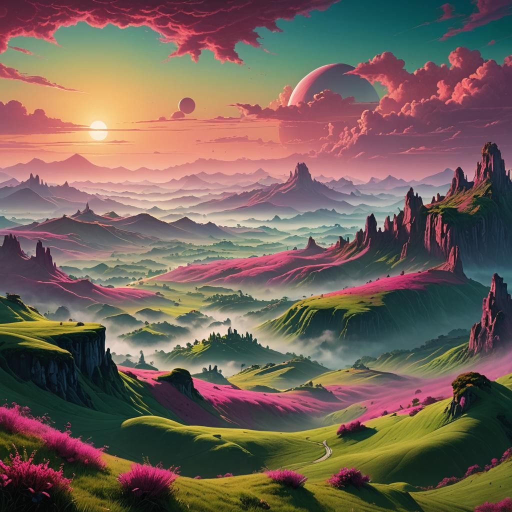 Dreamlike Ethereal Landscape with Emerald Fog