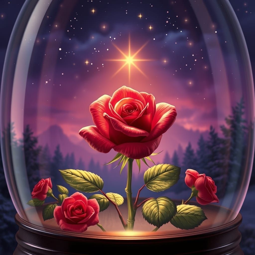 Red Rose Under Glass Dome in Kinkade Style