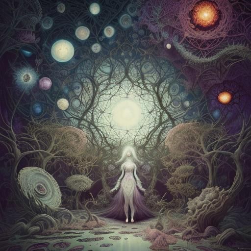 Eerie Ghost in Surreal Starry Night Landscape