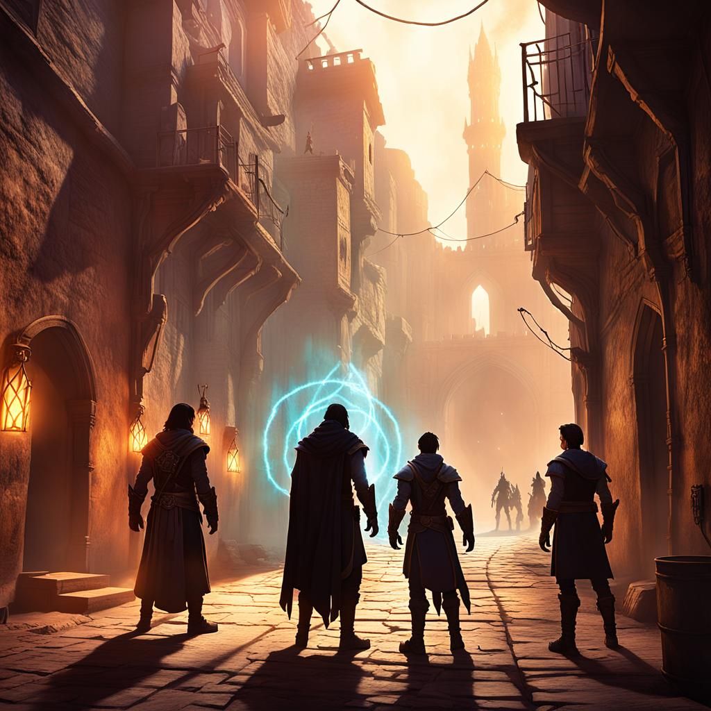 Fantasy Heroes Gaze at Interdimensional Portal in Smog