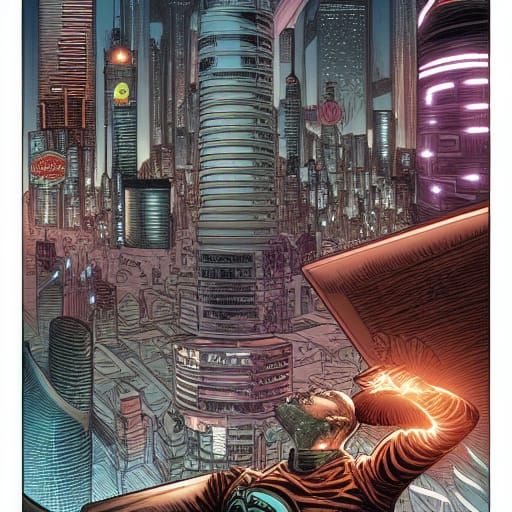 Futuristic Cyborg City in Comic Book Style