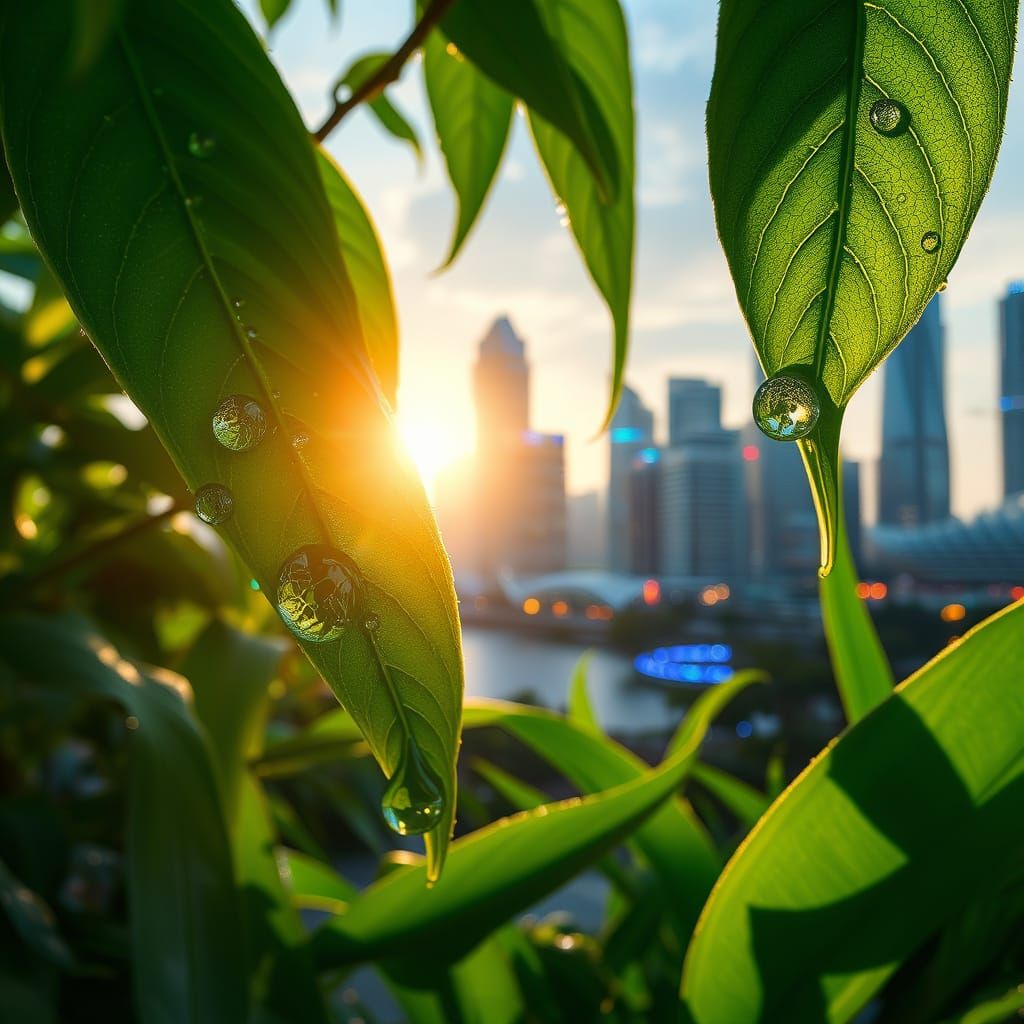 Water Droplets Reflecting Futuristic Singapore Skyline on Le...