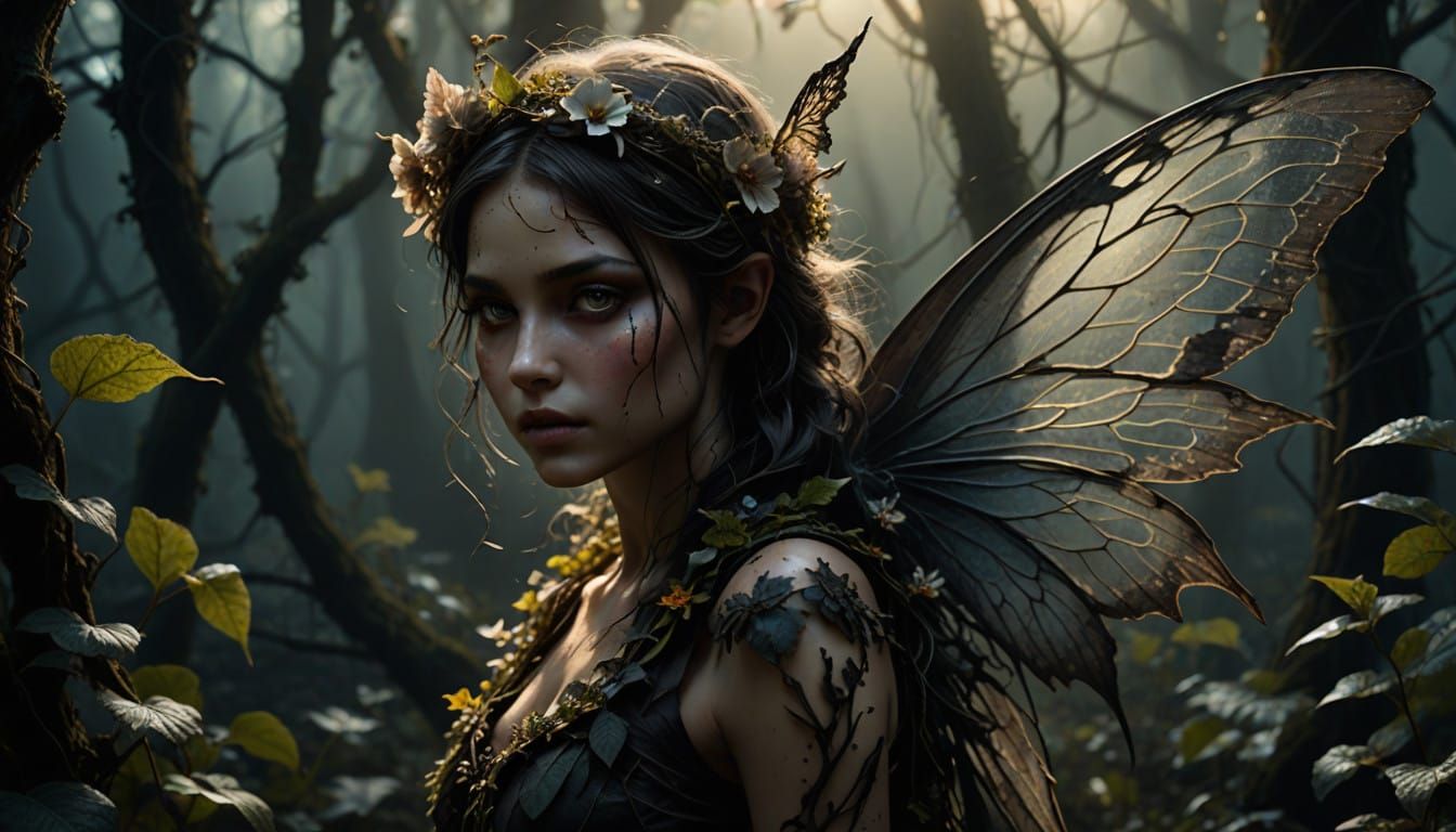 Mystical Fairy in a Dimly Lit Forest
