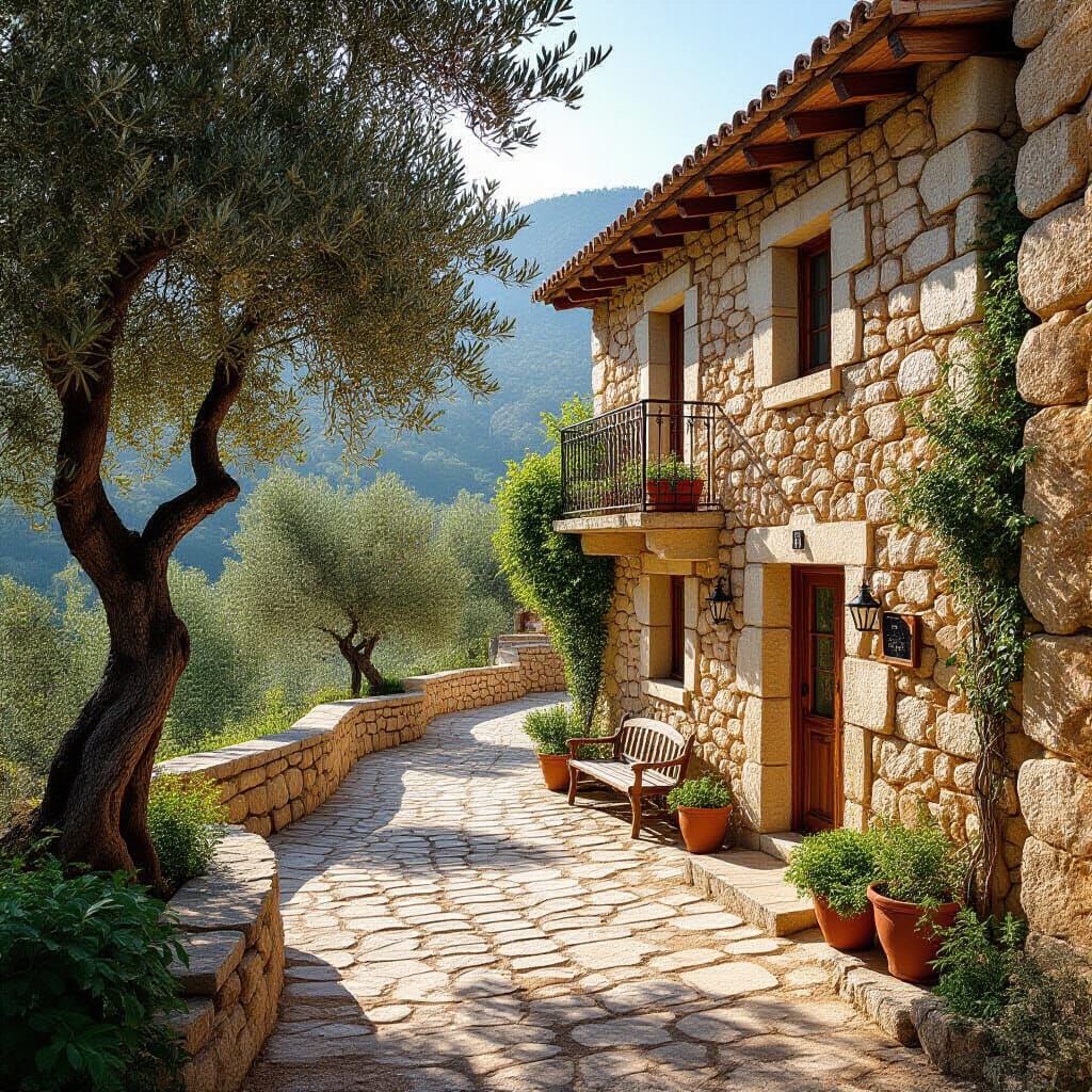 Lebanese Stone House Among Ancient Olive Trees