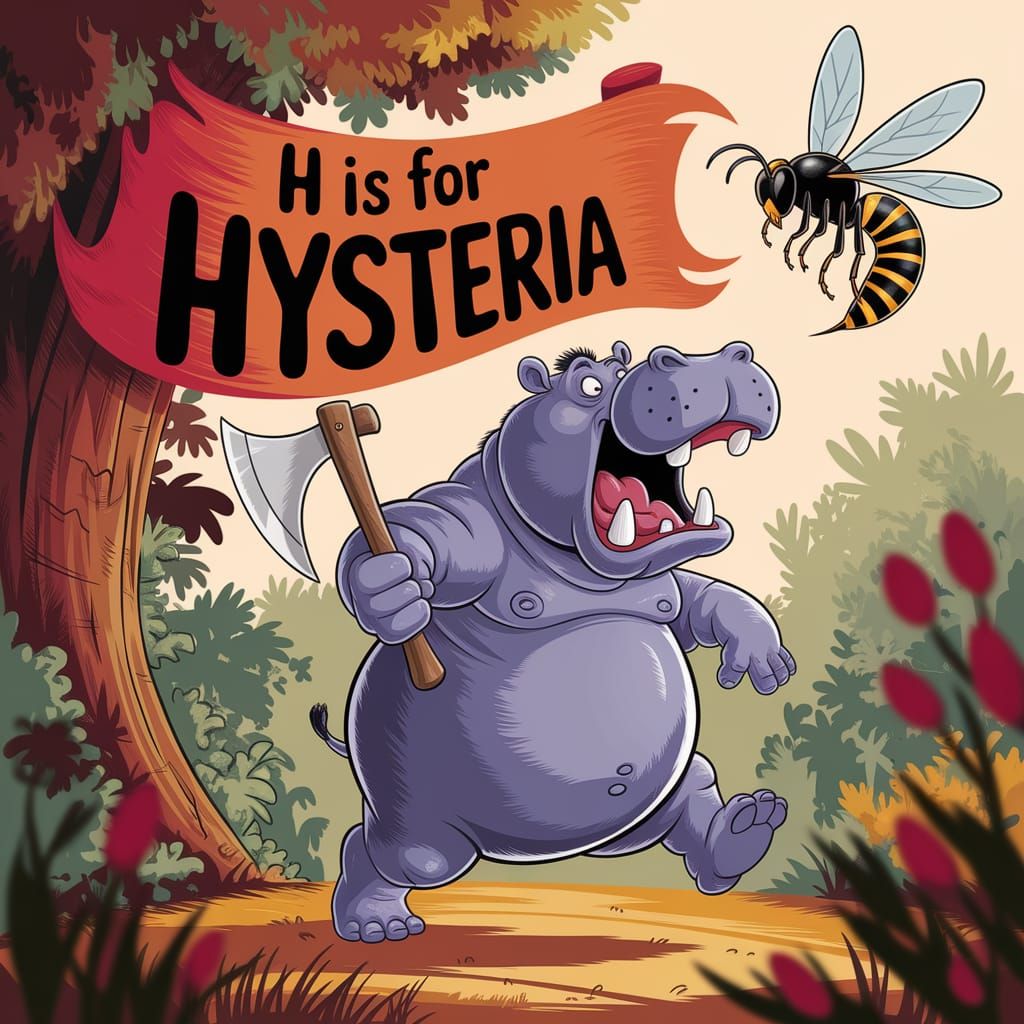 Whimsical Hippo and Hornet in Vintage Illustration Style