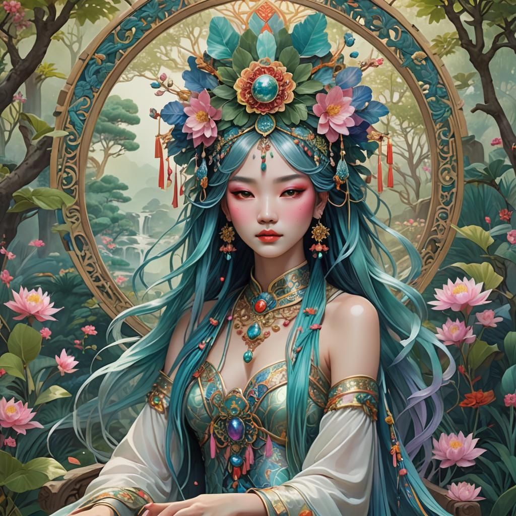 Iridescent Goddess in Surreal Chinese Garden