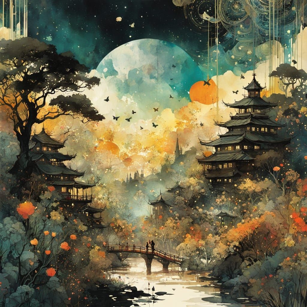 Watercolor Paradise World with Galaxies and Golden Trees