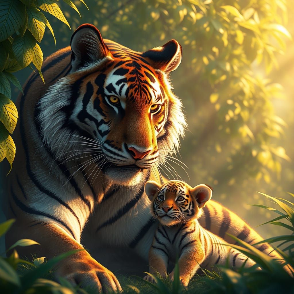 Regal Tiger Mother and Adorable Cub in Vibrant Jungle Landsc...