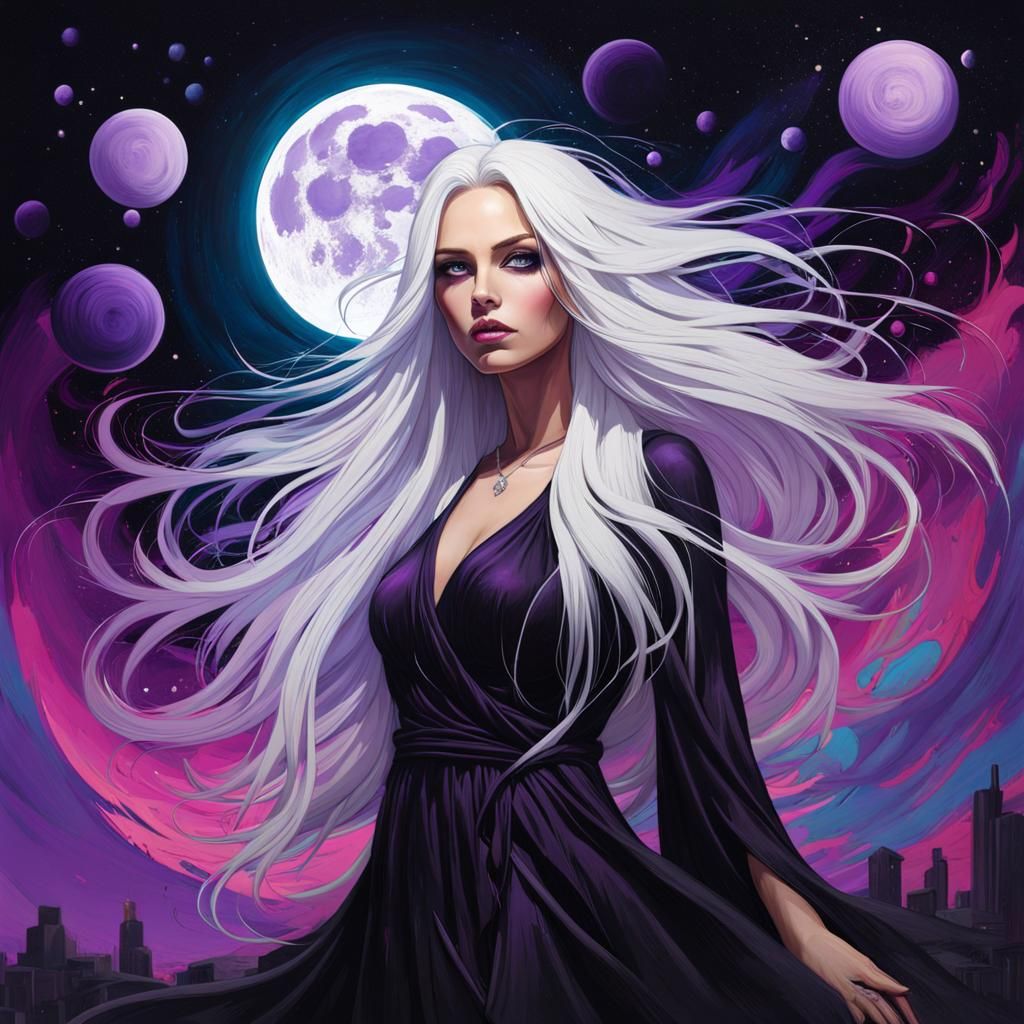 Woman with White Hair and Nebula Background in Graffiti Art ...