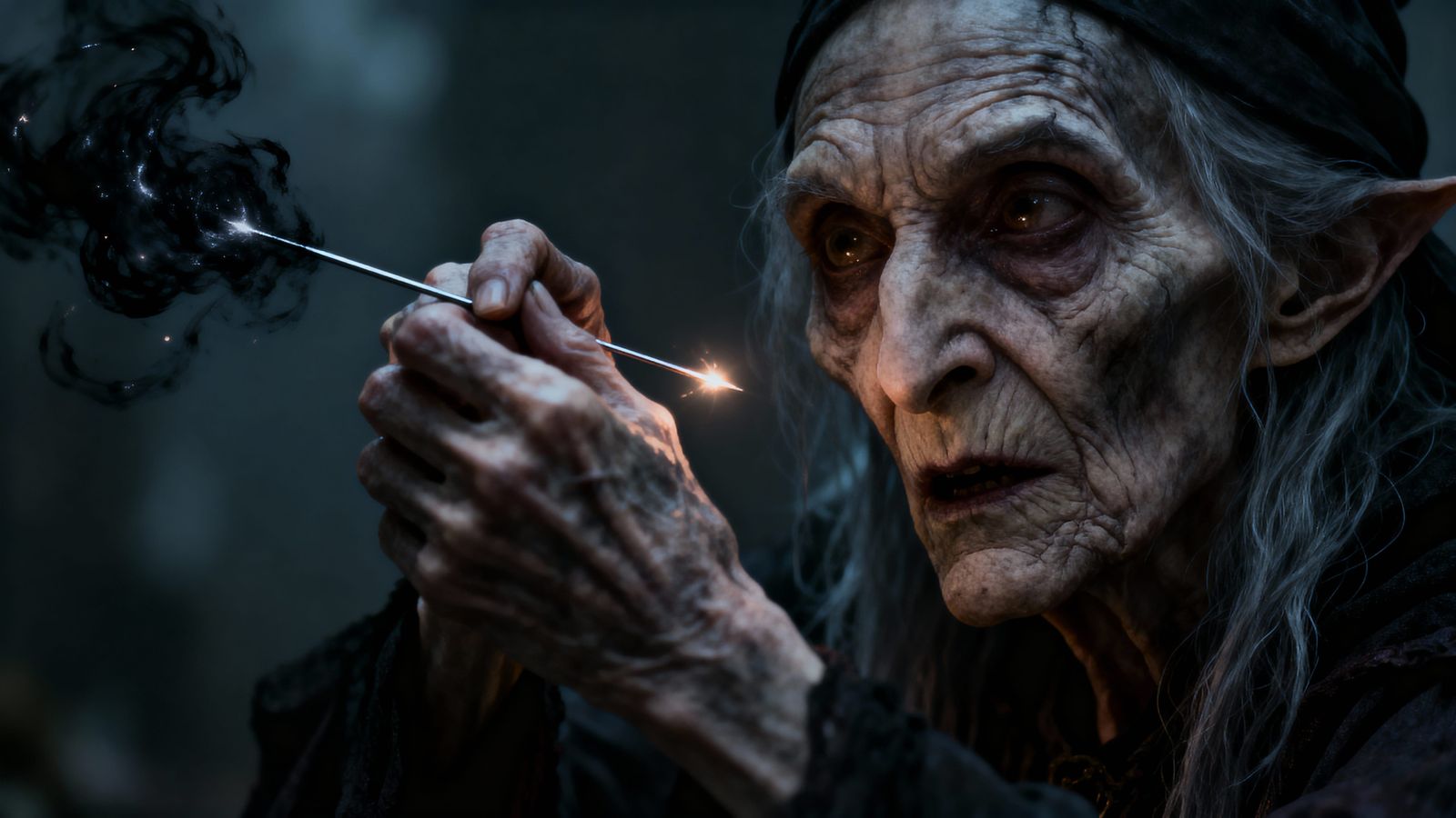 Grotesque Witch Shoots Needle with Glowing Black Effects