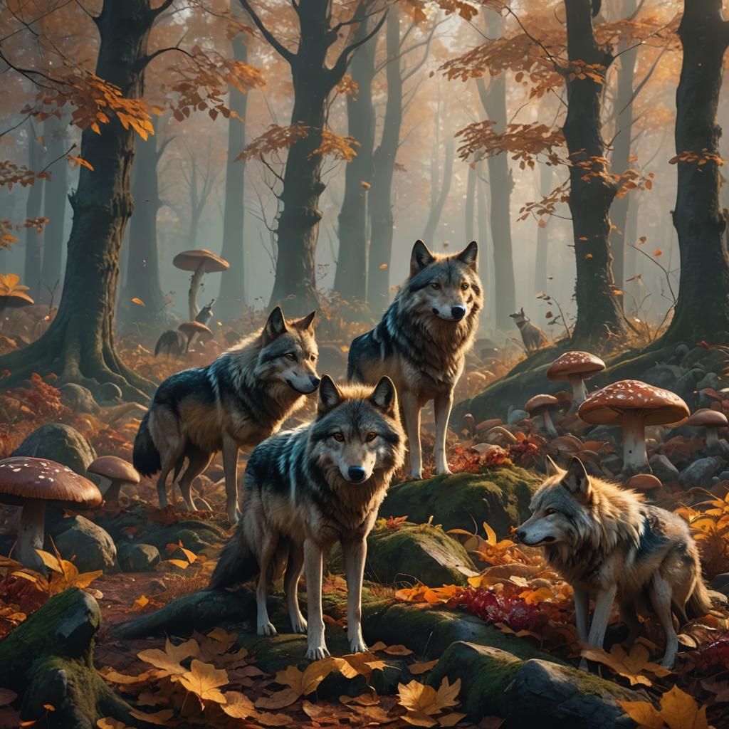 Fantasy Wolves in Misty Autumn Forest
