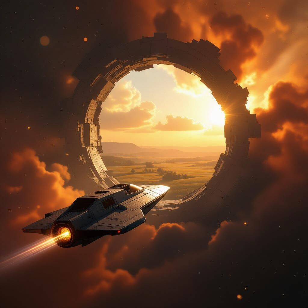 Battered Spaceship Encounters Geometric Portal to Serene Lan...