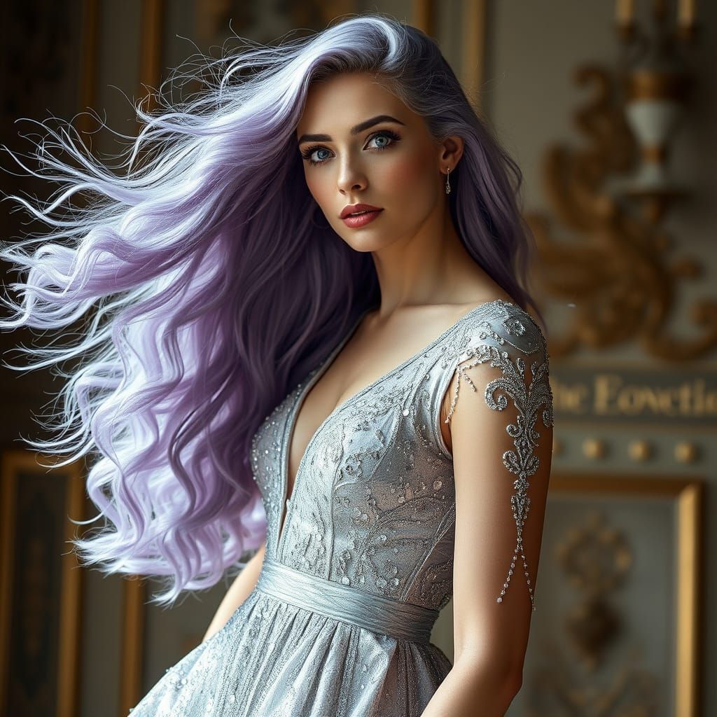 Elegant Woman with Lilac Hair in Art Nouveau Style