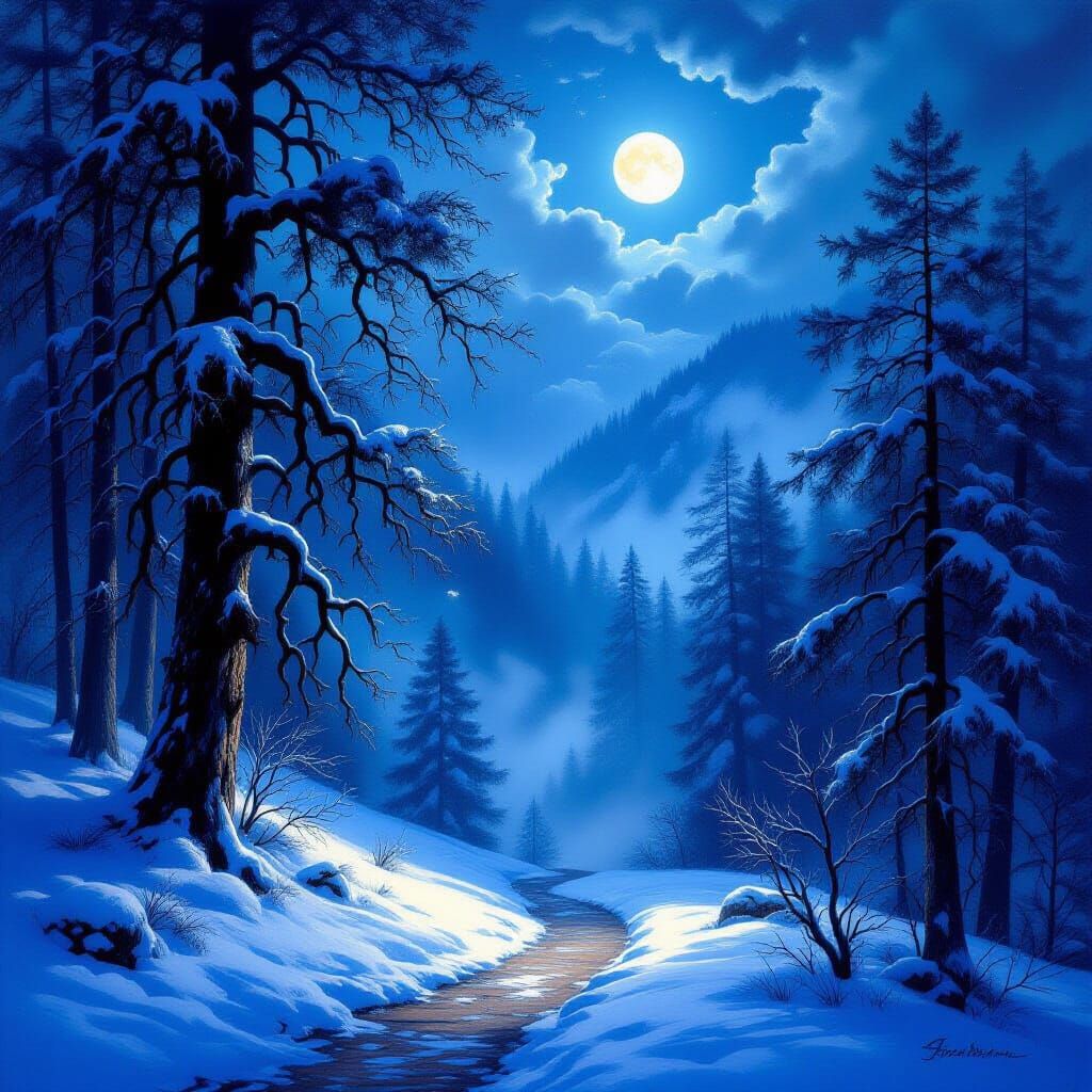Ethereal Moonlight Alpine Forest Oil Painting
