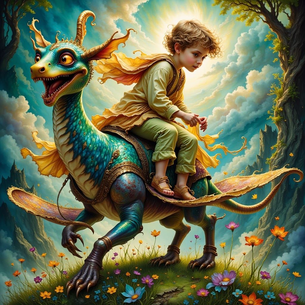 Child's Dreamy Magic Carpet Ride, Fantasy Illustration
