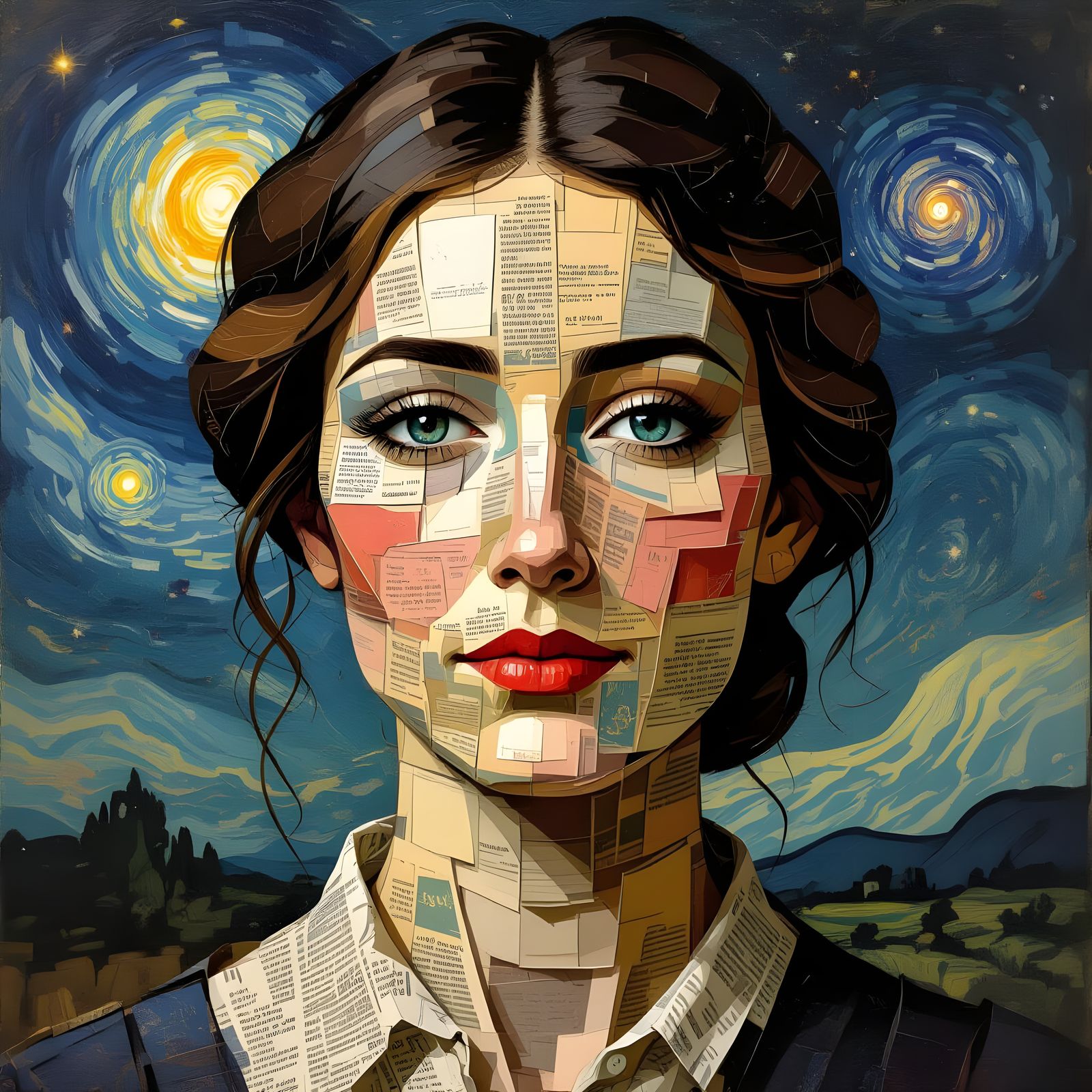 Cosmic Human Face Art Created From Newspapers