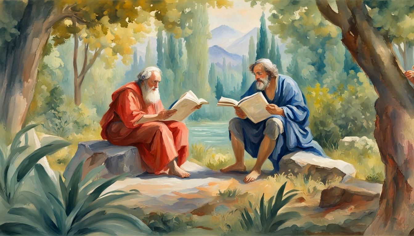 Callias and Aristotle Study Nature as Gouache Painting