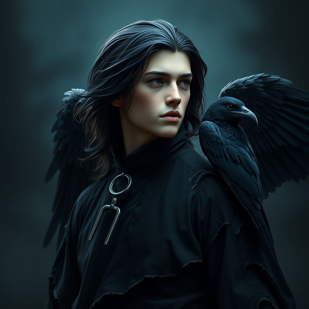 Dark Fantasy Hero with Raven Wings and Companion