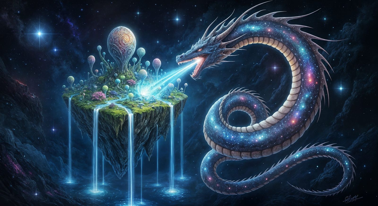 Celestial Dragon Coils Around Nebula Island