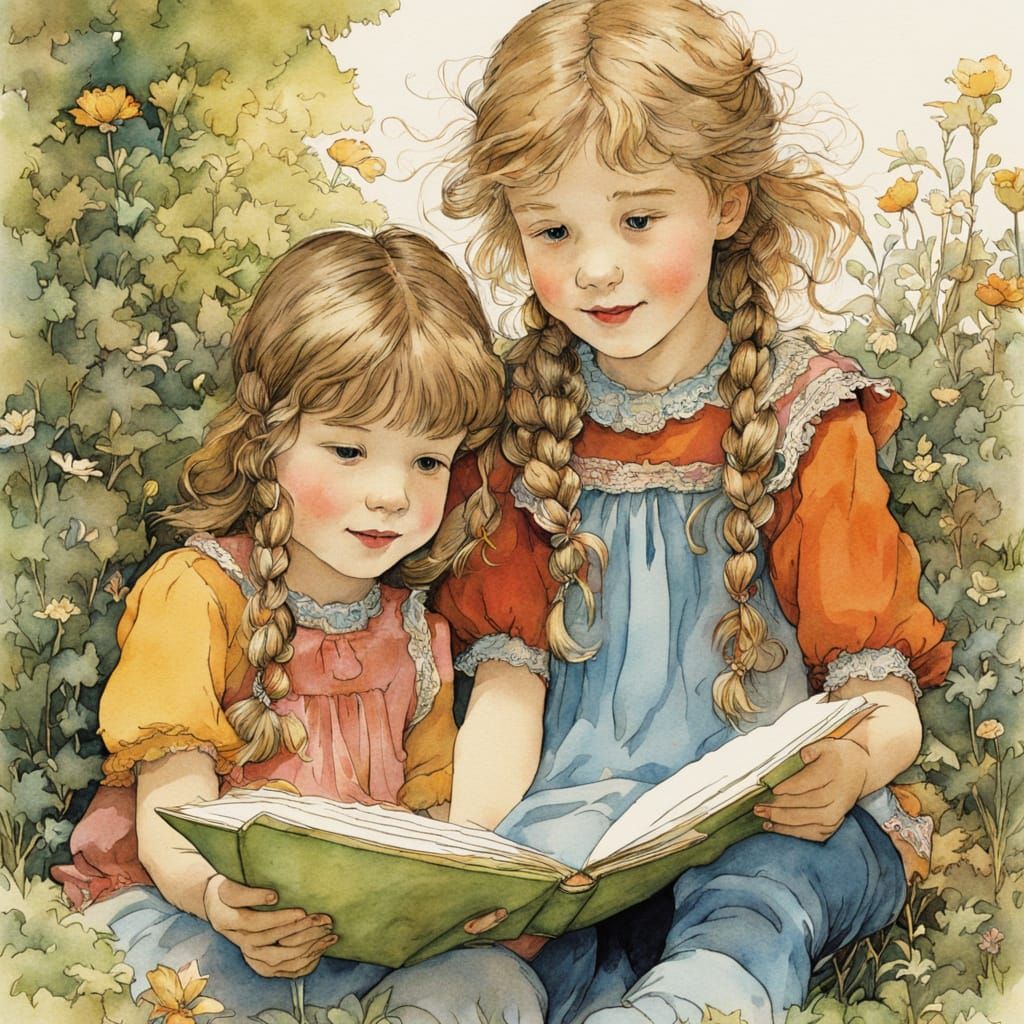 Cheerful Siblings Reading: Watercolor Illustration