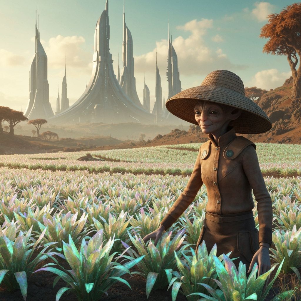 Alien Farmer in a Futuristic Landscape