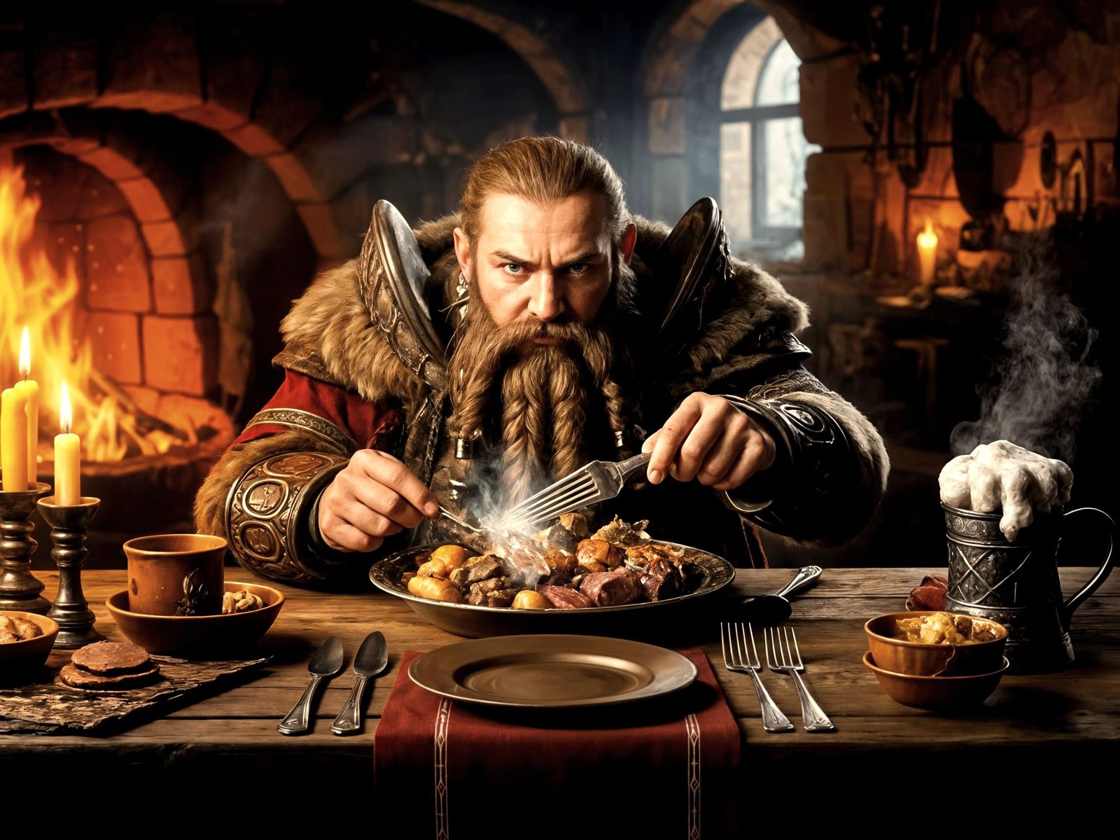 Rustic Dwarf Warrior Savoring a Hearty Meal in a Cozy Mediev...