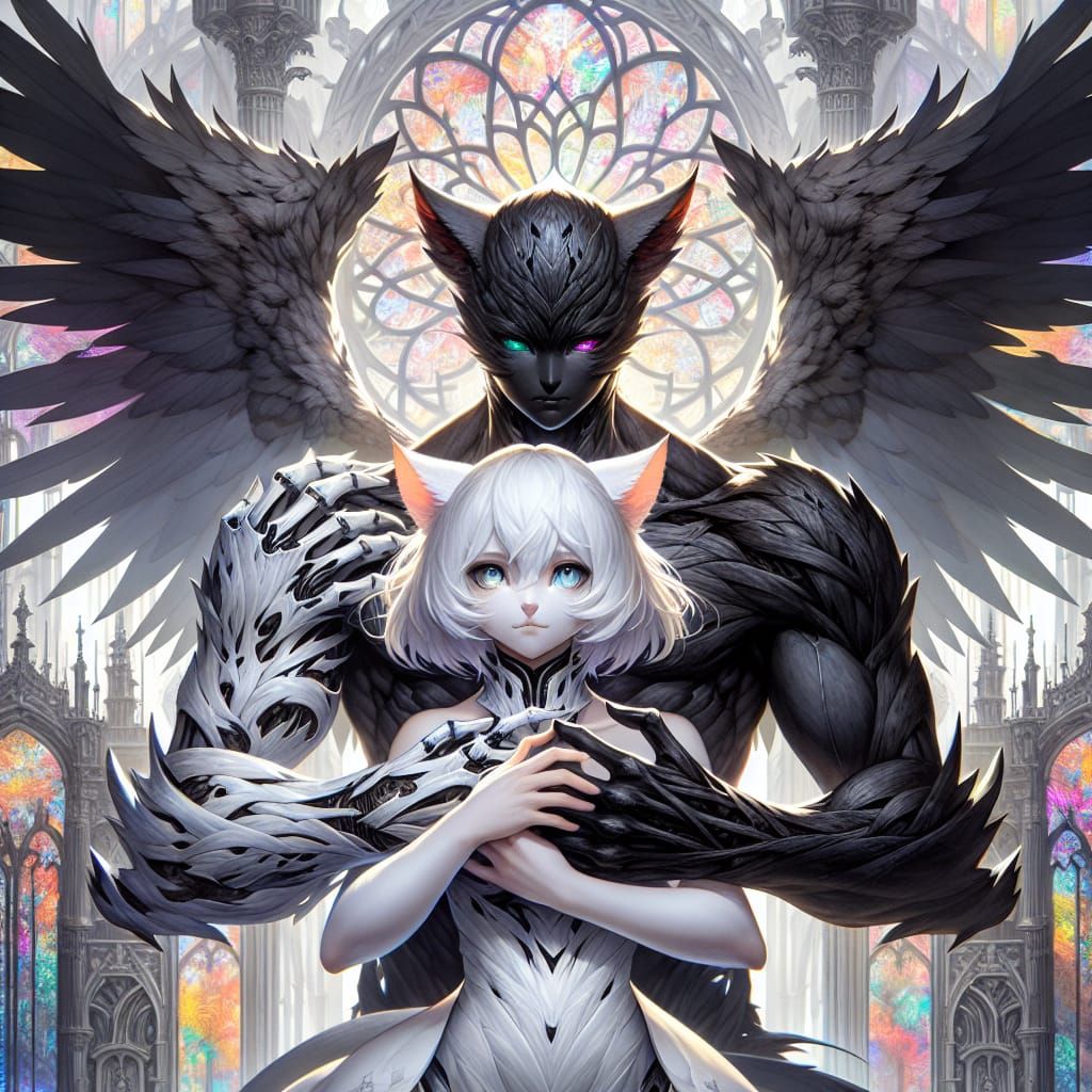Anthropomorphic Cat Cradles Angel: Splash Art Concept